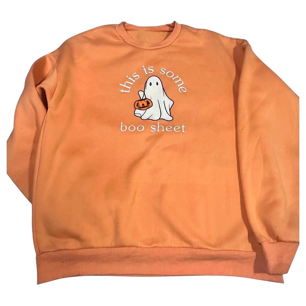 Halloween Ghost Boo Sheet Orange Crewneck Sweatshirt Pumpkin Graphic Pullover Lg
